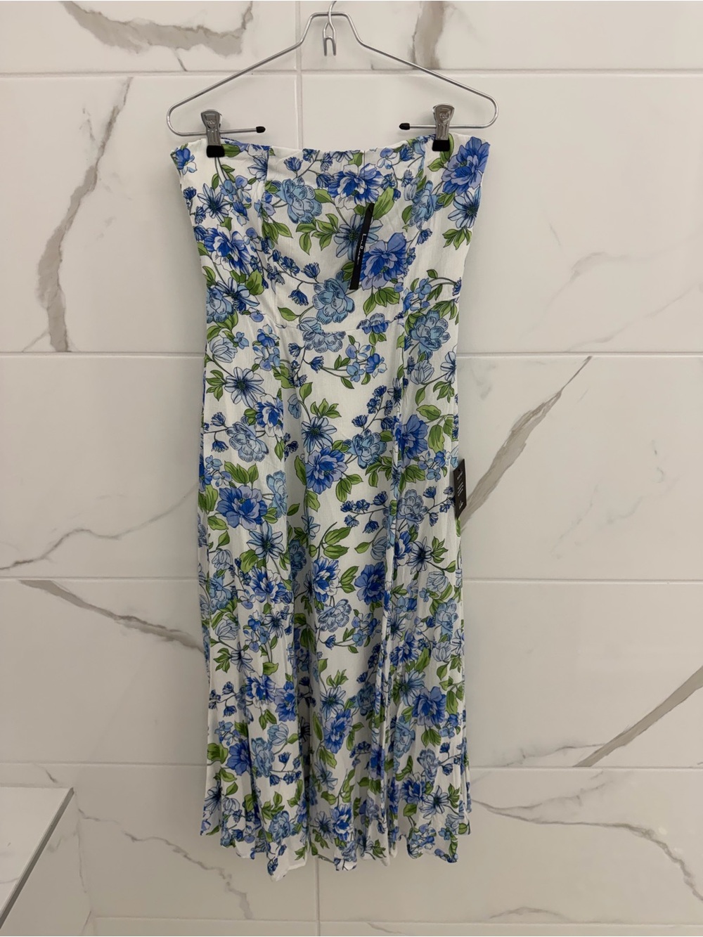 Lulu's White Strapless Midi Dress with Blue Floral Print